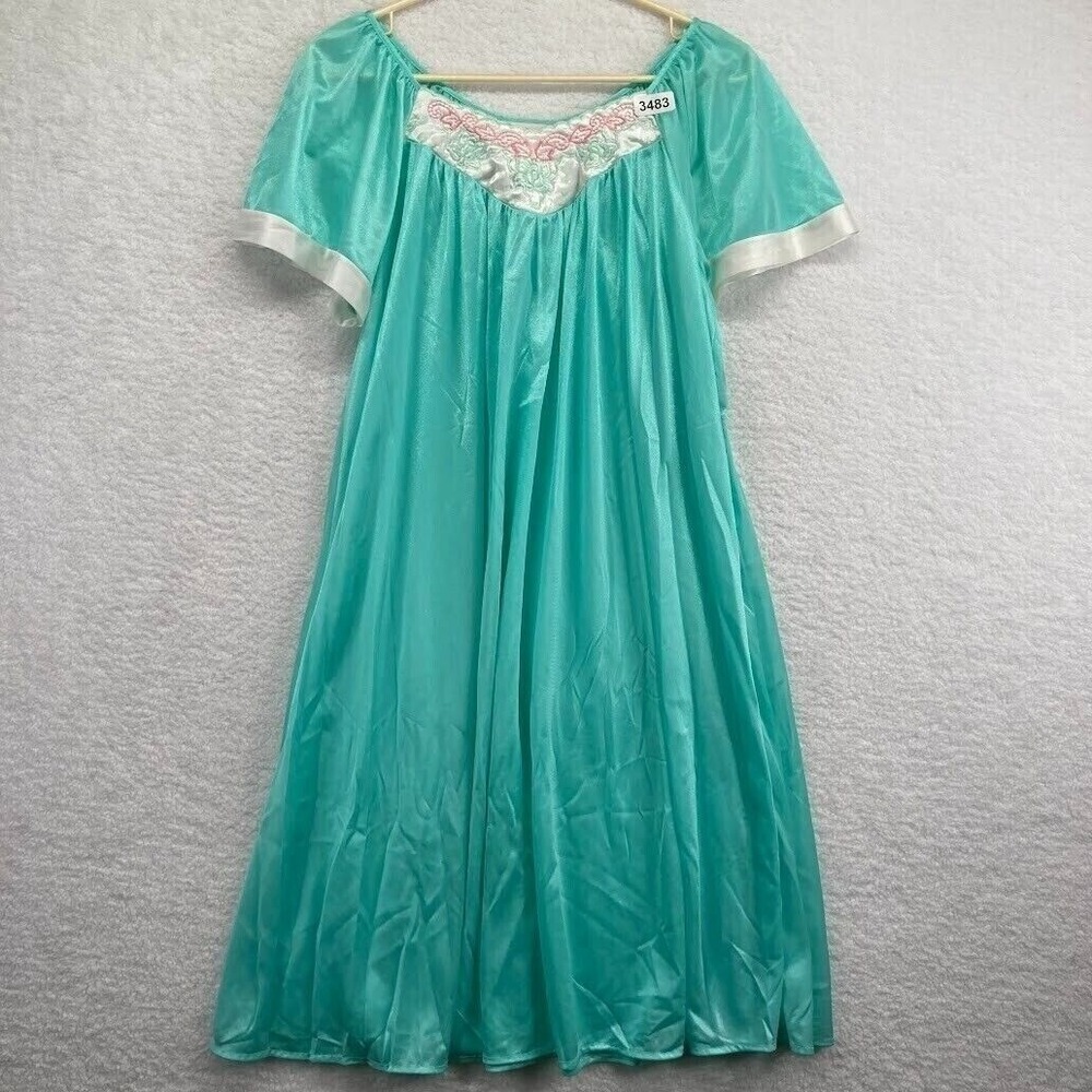 Sears Vintage Carriage Court Nightgown XS-L Teal Blue Nylon Embroidered 80s